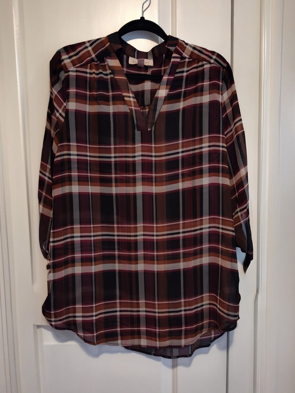 Philosophy Burgundy and Brown Plaid Split V-Neck Blouse